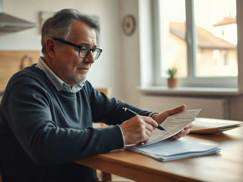 Personne examinant des documents d’assurance-vie à une table de cuisine