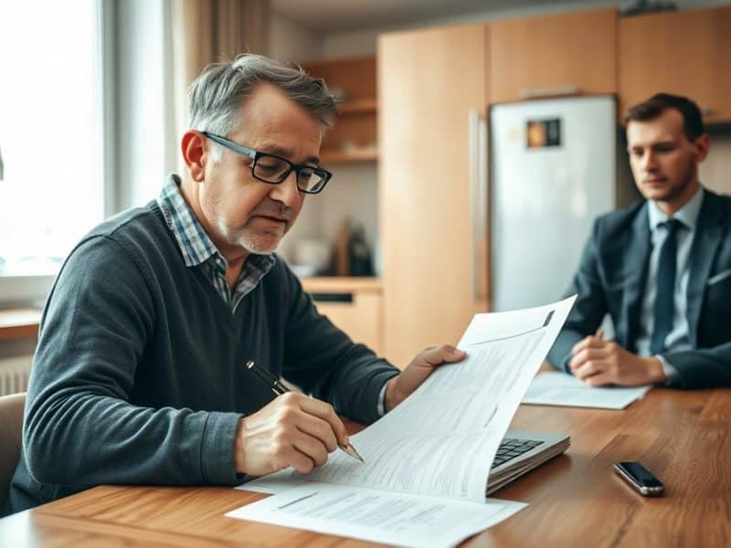 Personne examinant des documents d’assurance avec un stylo, conseiller en face