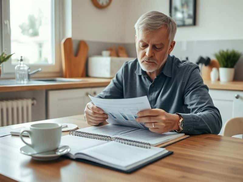 Adulte consultant des papiers avec un stylo, dossier ouvert dans une cuisine