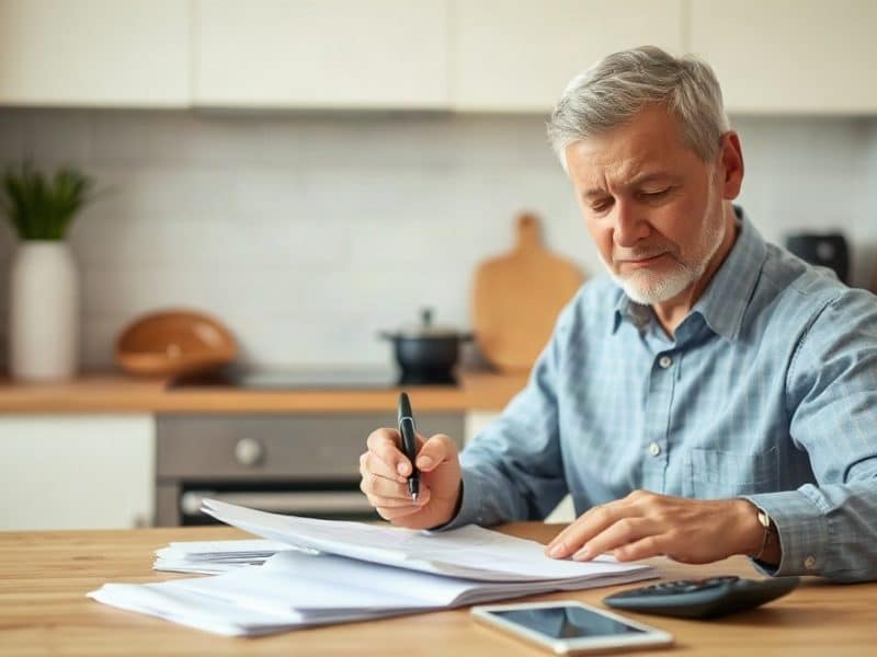 Personne adulte examinant des documents financiers près d’une calculatrice alphanumérique
