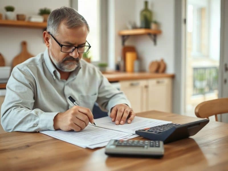 Adulte examinant des documents d’épargne avec un stylo à table