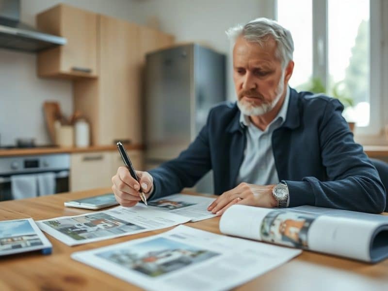 Adulte consultant des dossiers immobiliers, stylo à la main, dans une cuisine