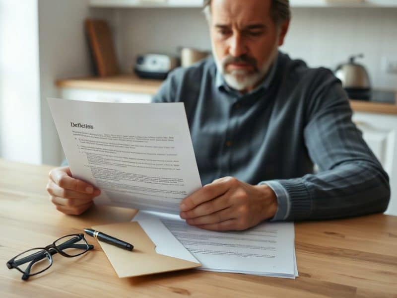 Adulte examinant des documents officiels sur les dettes personnelles à table