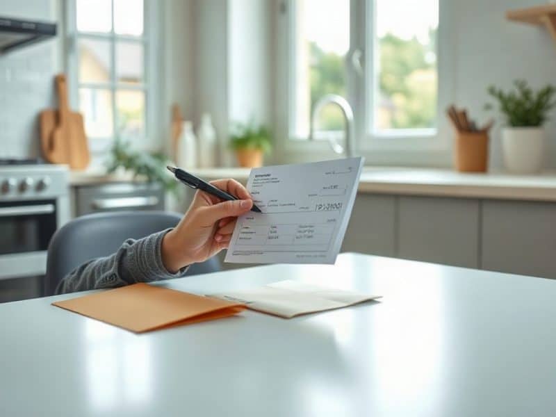 Personne assise à une table, examinant un chèque et des documents
