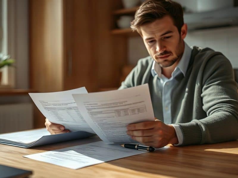 Adulte examinant des documents fiscaux avec un stylo à table