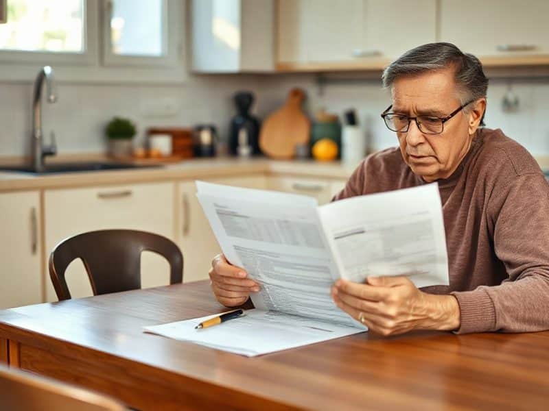 Adulte assis à une table, examinant des documents, stylo posé à côté