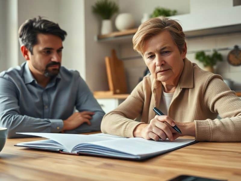 Adulte examinant des documents imprimés avec un stylo, conseiller assis à proximité